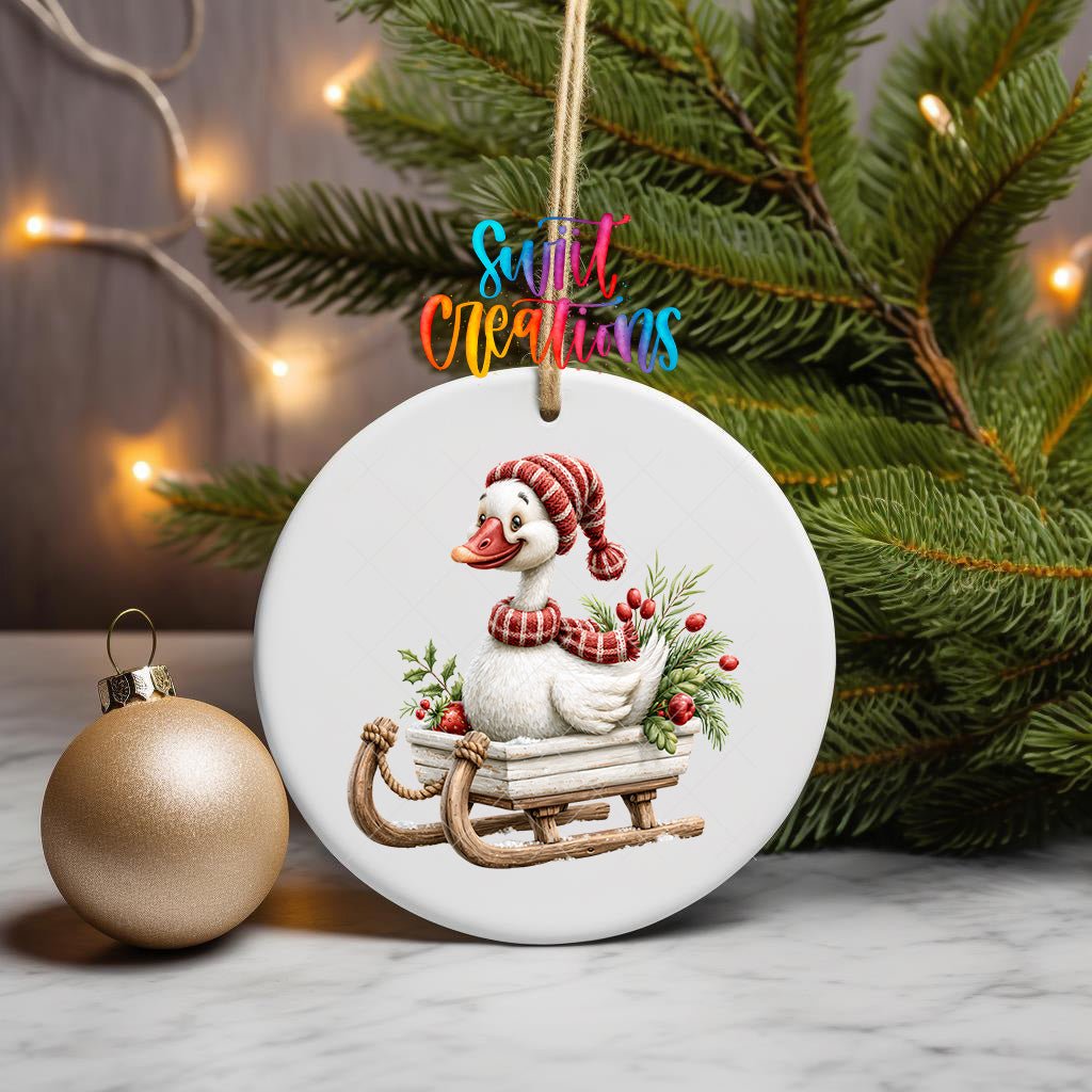 Christmas Sleigh Goose Ornament UV DTF Transfer | Knit Hat Goose with Greenery and Red Berries | O-2256 - Swiit Creations