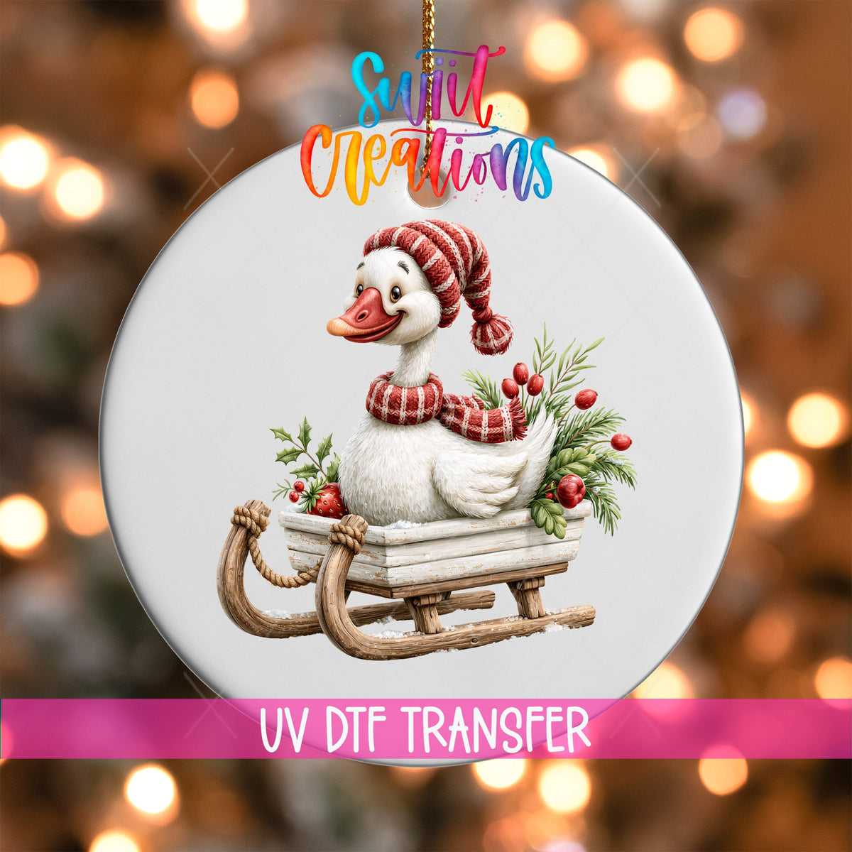 Christmas Sleigh Goose Ornament UV DTF Transfer | Knit Hat Goose with Greenery and Red Berries | O-2256 - Swiit Creations