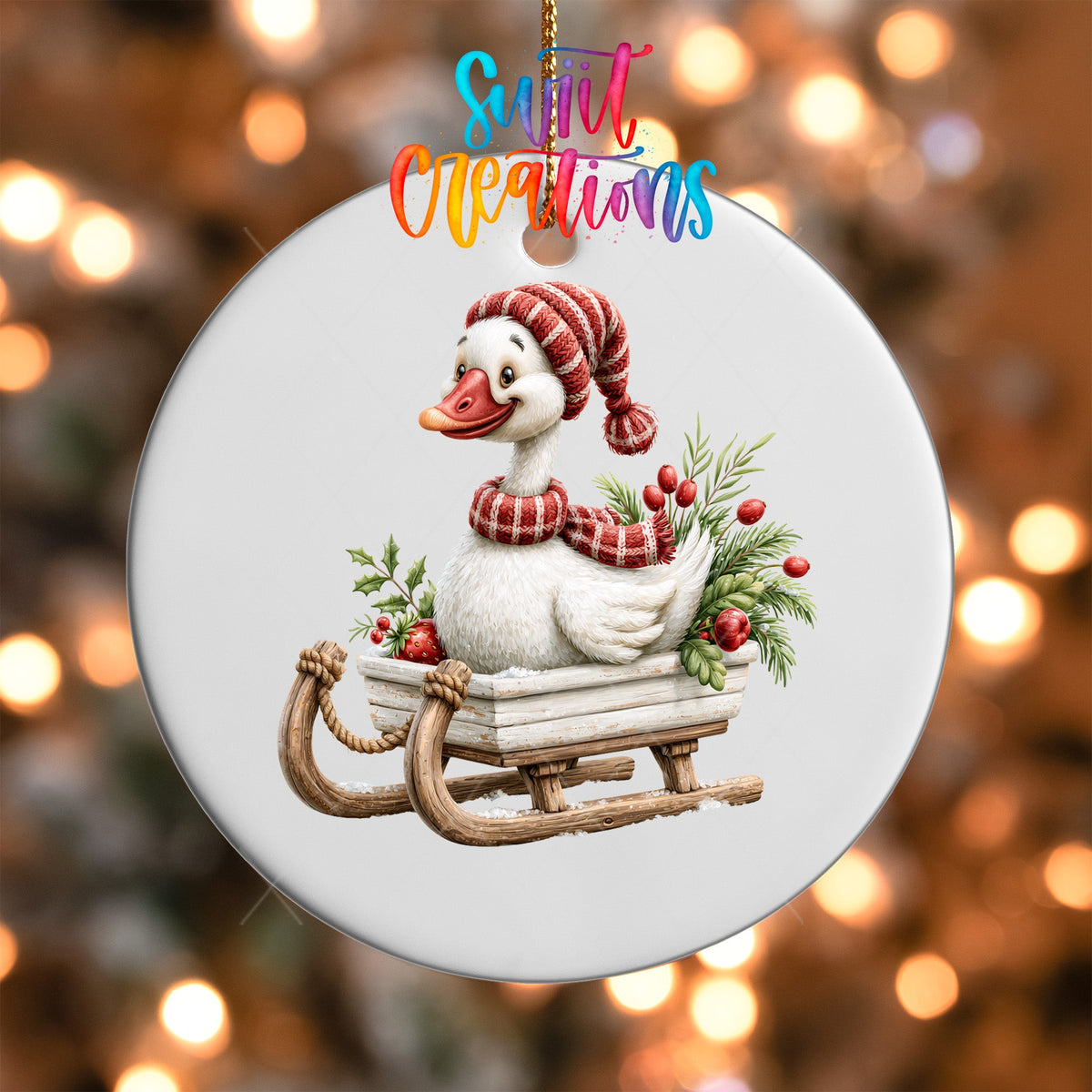 Christmas Sleigh Goose Ornament UV DTF Transfer | Knit Hat Goose with Greenery and Red Berries | O-2256 - Swiit Creations