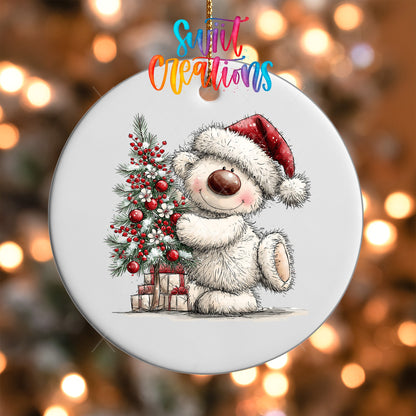 Christmas Tree Hug White Bear Ornament UV DTF Transfer | Santa Bear with Red Baubles and Berries | O-2181 - Swiit Creations