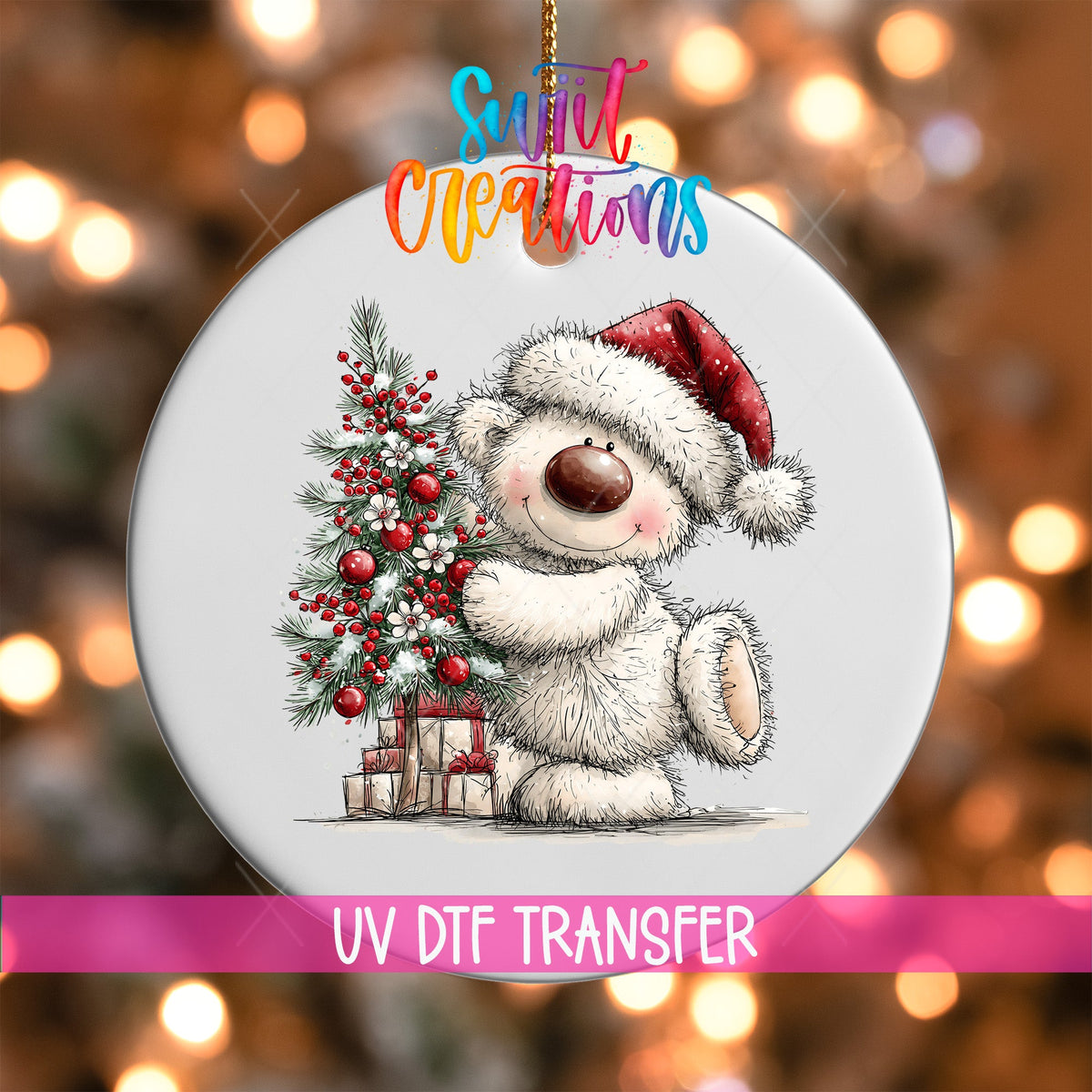 Christmas Tree Hug White Bear Ornament UV DTF Transfer | Santa Bear with Red Baubles and Berries | O-2181 - Swiit Creations