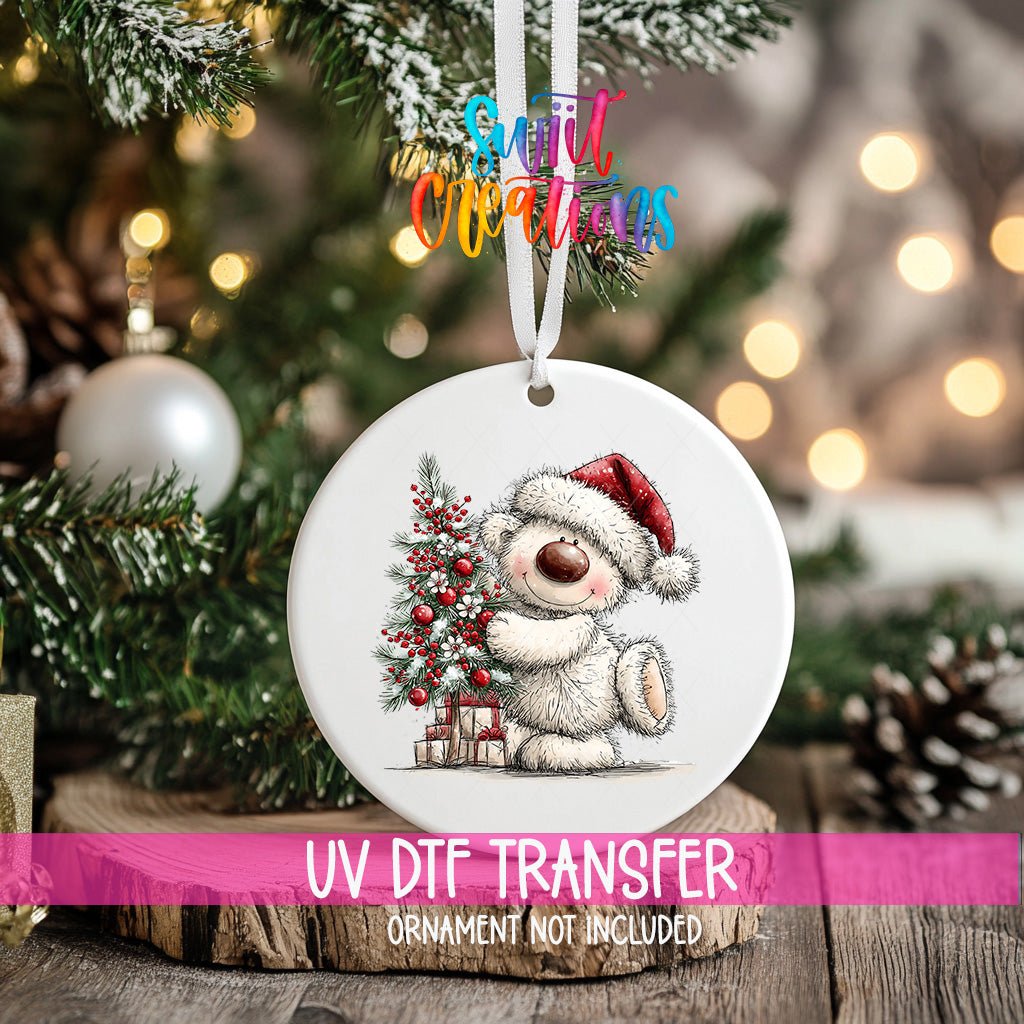 Christmas Tree Hug White Bear Ornament UV DTF Transfer | Santa Bear with Red Baubles and Berries | O-2181 - Swiit Creations