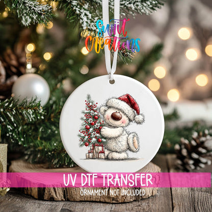 Christmas Tree Hug White Bear Ornament UV DTF Transfer | Santa Bear with Red Baubles and Berries | O-2181 - Swiit Creations
