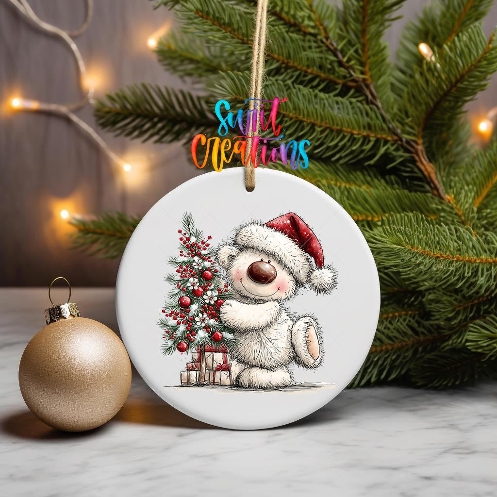 Christmas Tree Hug White Bear Ornament UV DTF Transfer | Santa Bear with Red Baubles and Berries | O-2181 - Swiit Creations