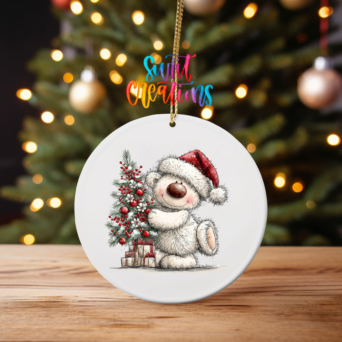 Christmas Tree Hug White Bear Ornament UV DTF Transfer | Santa Bear with Red Baubles and Berries | O-2181 - Swiit Creations