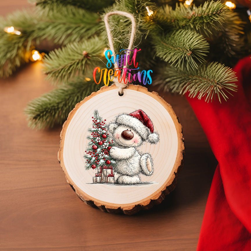 Christmas Tree Hug White Bear Ornament UV DTF Transfer | Santa Bear with Red Baubles and Berries | O-2181 - Swiit Creations