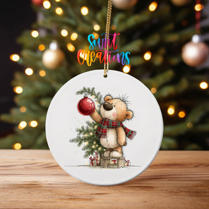 Christmas Tree Teddy Bear Ornament UV DTF Transfer | Plaid Scarf Bear Hanging a Red Bauble | O-2174 - Swiit Creations