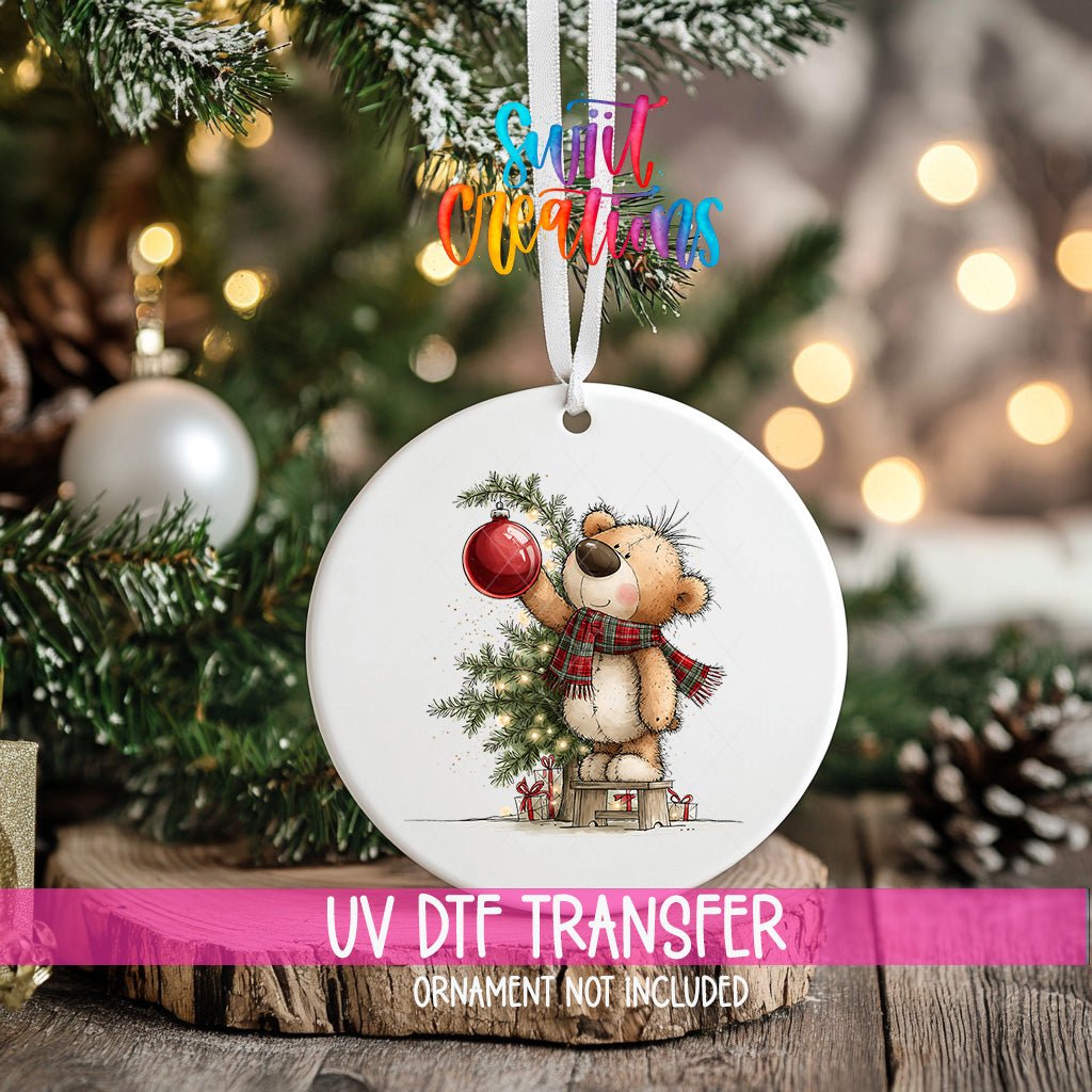 Christmas Tree Teddy Bear Ornament UV DTF Transfer | Plaid Scarf Bear Hanging a Red Bauble | O-2174 - Swiit Creations