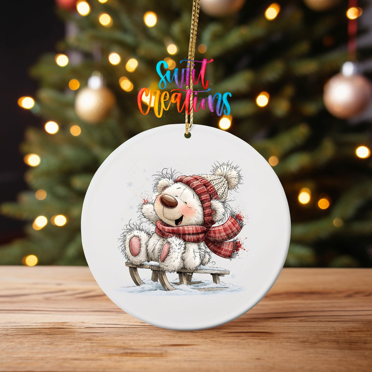 Christmas Tree White Bear Ornament UV DTF Transfer | Santa Bear with Red Berries and Gifts | O-2180 - Swiit Creations