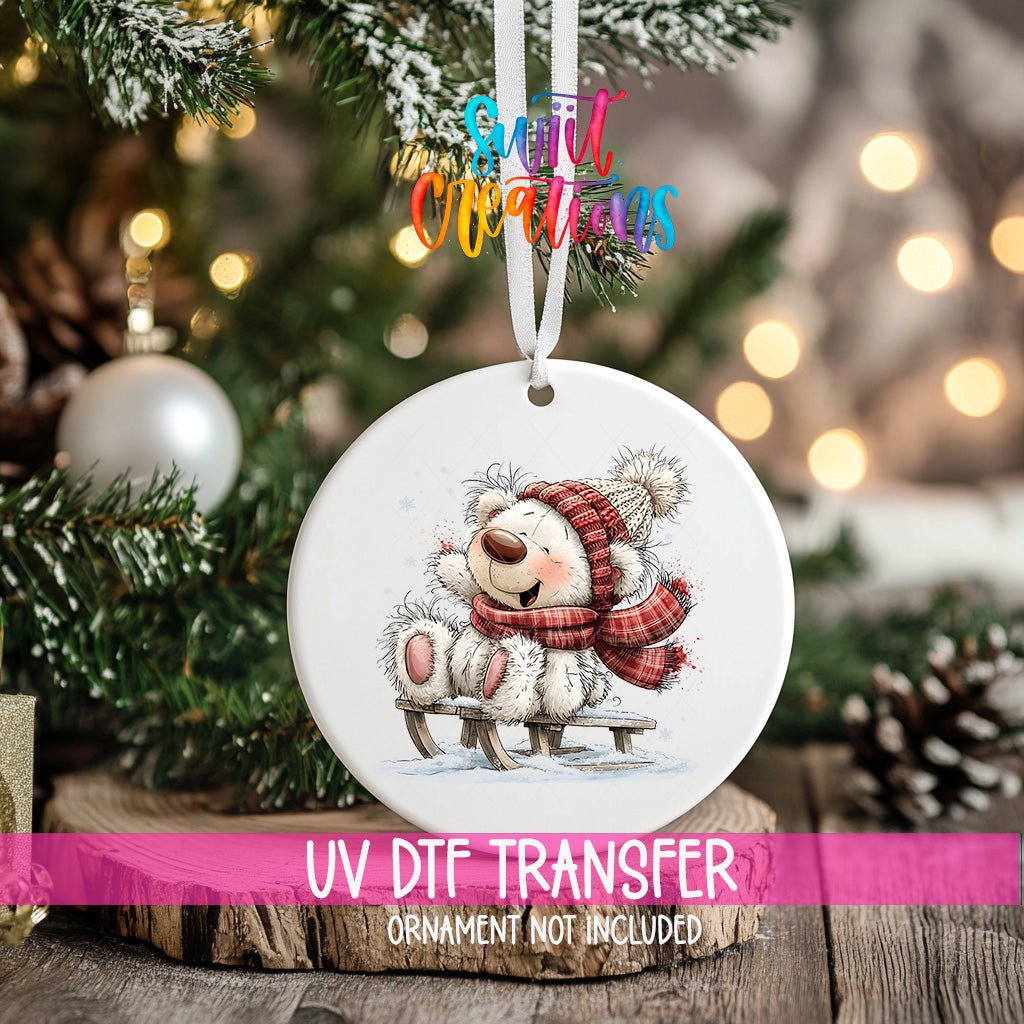 Christmas Tree White Bear Ornament UV DTF Transfer | Santa Bear with Red Berries and Gifts | O-2180 - Swiit Creations