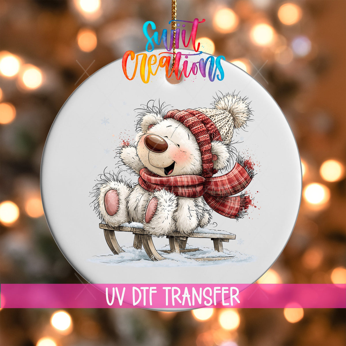 Christmas Tree White Bear Ornament UV DTF Transfer | Santa Bear with Red Berries and Gifts | O-2180 - Swiit Creations