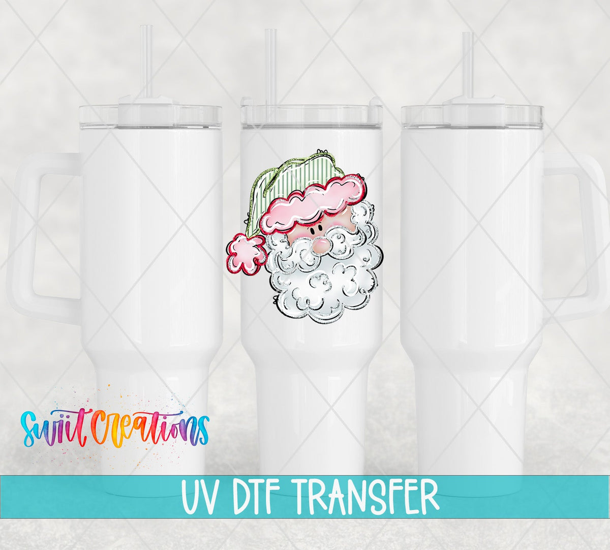 Christmas Tumbler UV DTF Decal: Cute Santa Face, Pink and Green | UV1528 - Swiit Creations