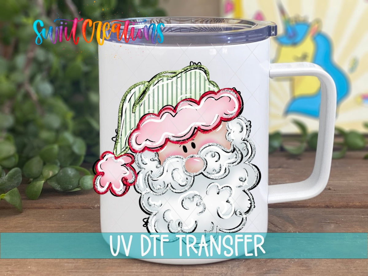 Christmas Tumbler UV DTF Decal: Cute Santa Face, Pink and Green | UV1528 - Swiit Creations