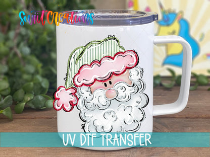 Christmas Tumbler UV DTF Decal: Cute Santa Face, Pink and Green | UV1528 - Swiit Creations