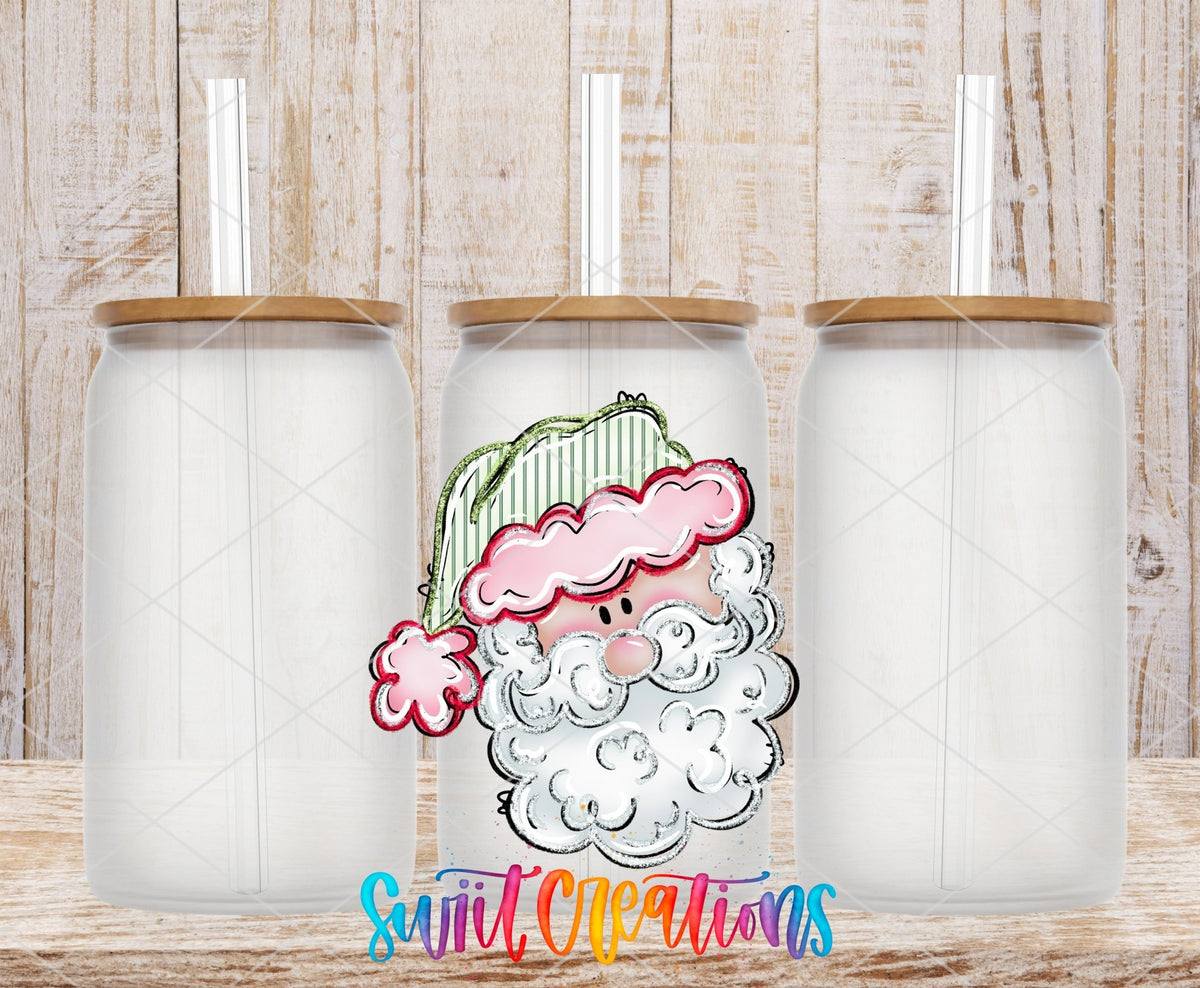 Christmas Tumbler UV DTF Decal: Cute Santa Face, Pink and Green | UV1528 - Swiit Creations