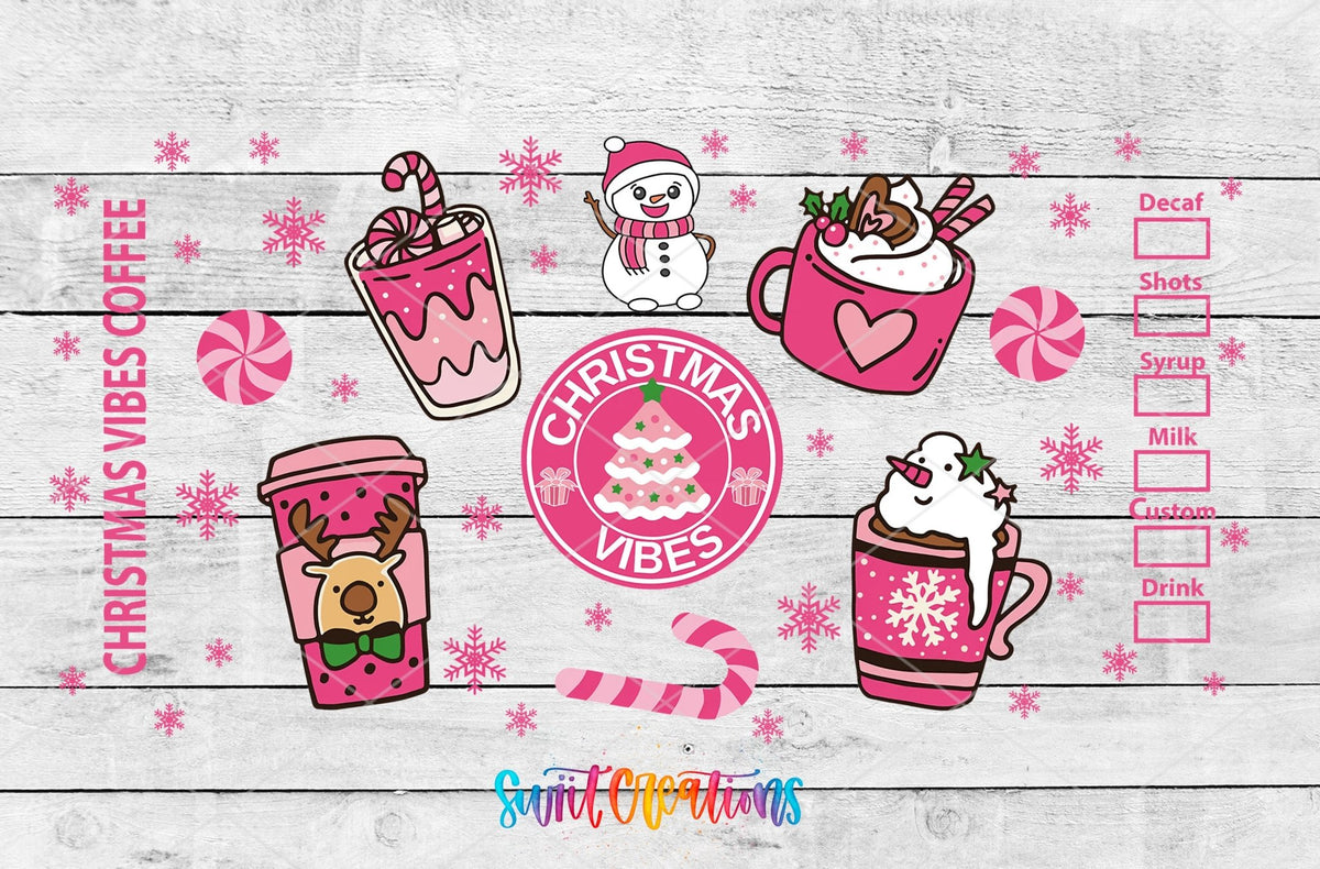 Christmas Vibes Coffee Pink Holiday UV DTF Transfer Tumbler Wrap | DTF114 - Swiit Creations