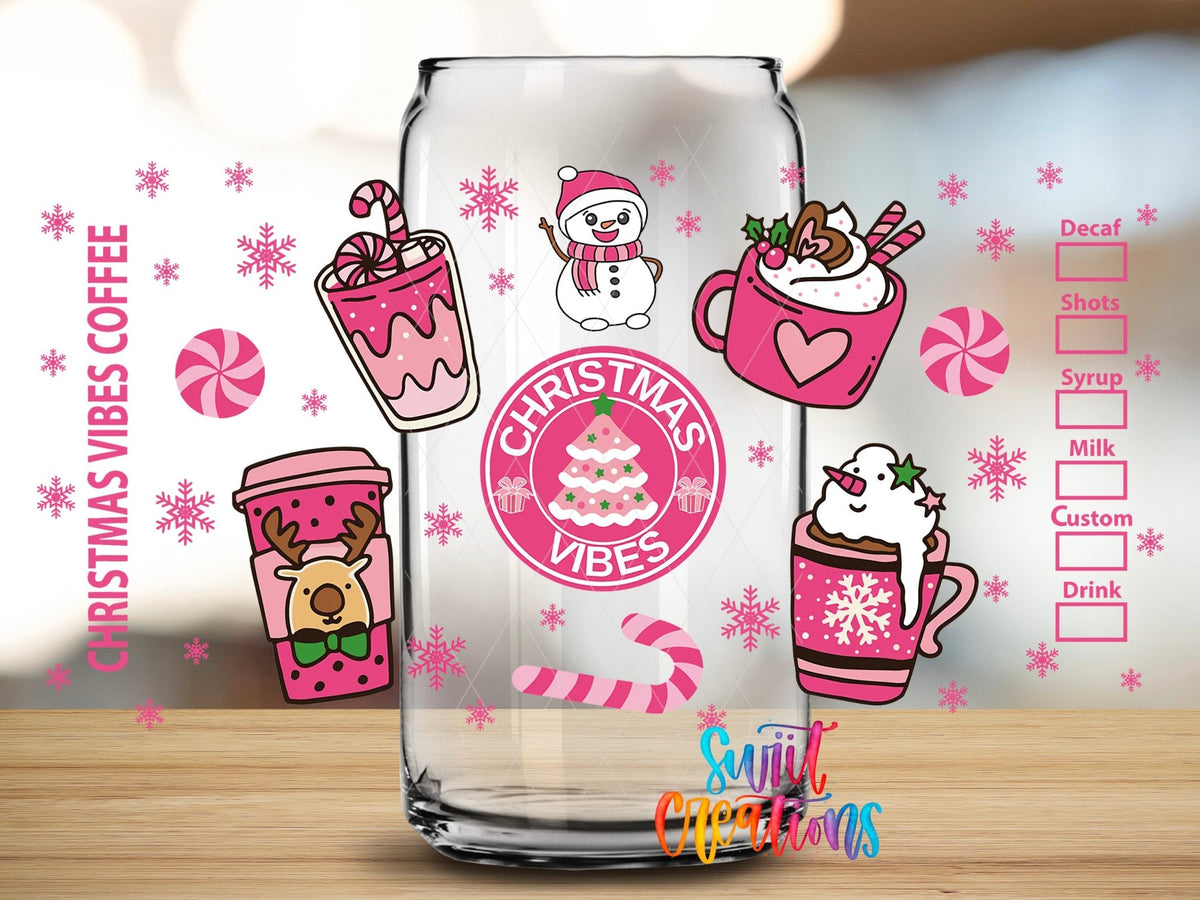 Christmas Vibes Coffee Pink Holiday UV DTF Transfer Tumbler Wrap | DTF114 - Swiit Creations