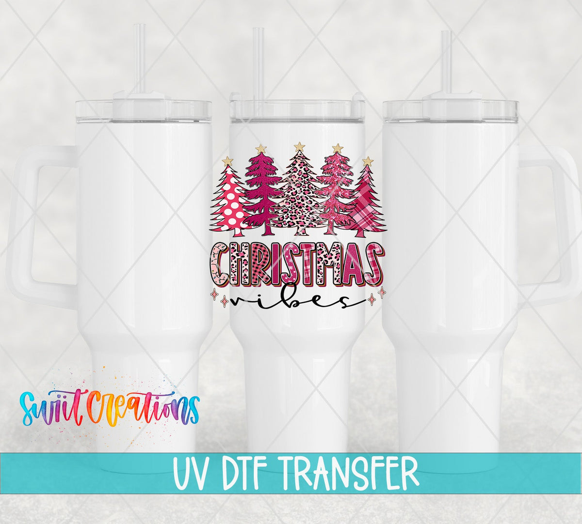 Christmas Vibes UV DTF transfer applied to a white tumbler set from Swiit Creations