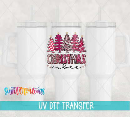 Christmas Vibes UV DTF transfer applied to a white tumbler set from Swiit Creations