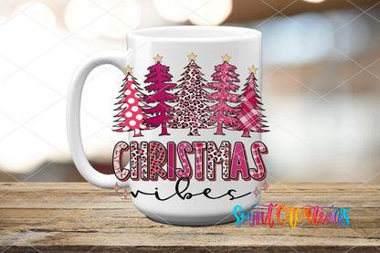 Christmas Vibes UV DTF transfer displayed on a white ceramic mug from Swiit Creations
