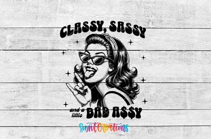 Classy Sassy Retro Black and White UV DTF transfer shown as a full artwork preview from Swiit Creations