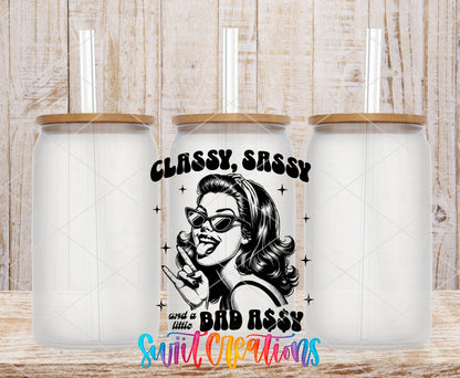 Classy Sassy Retro Black and White UV DTF transfer applied to a clear glass can set from Swiit Creations