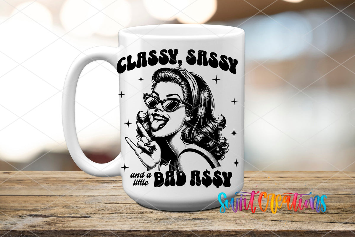 Classy Sassy Retro Black and White UV DTF transfer displayed on a white ceramic mug from Swiit Creations