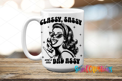 Classy Sassy Retro Black and White UV DTF transfer displayed on a white ceramic mug from Swiit Creations
