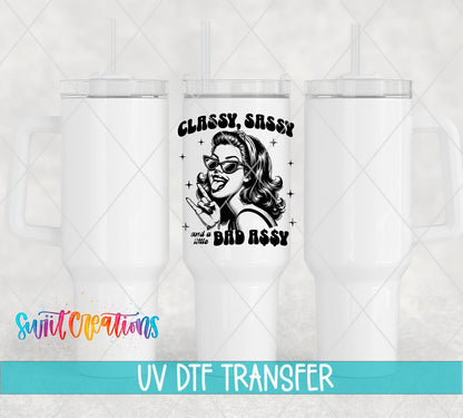 Classy Sassy Retro Black and White UV DTF transfer applied to a white tumbler set from Swiit Creations