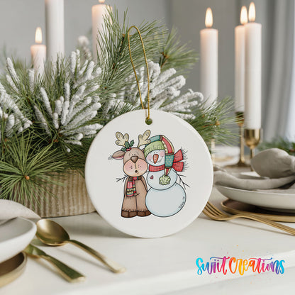 Reindeer and snowman ornament displayed with elegant holiday table decor
