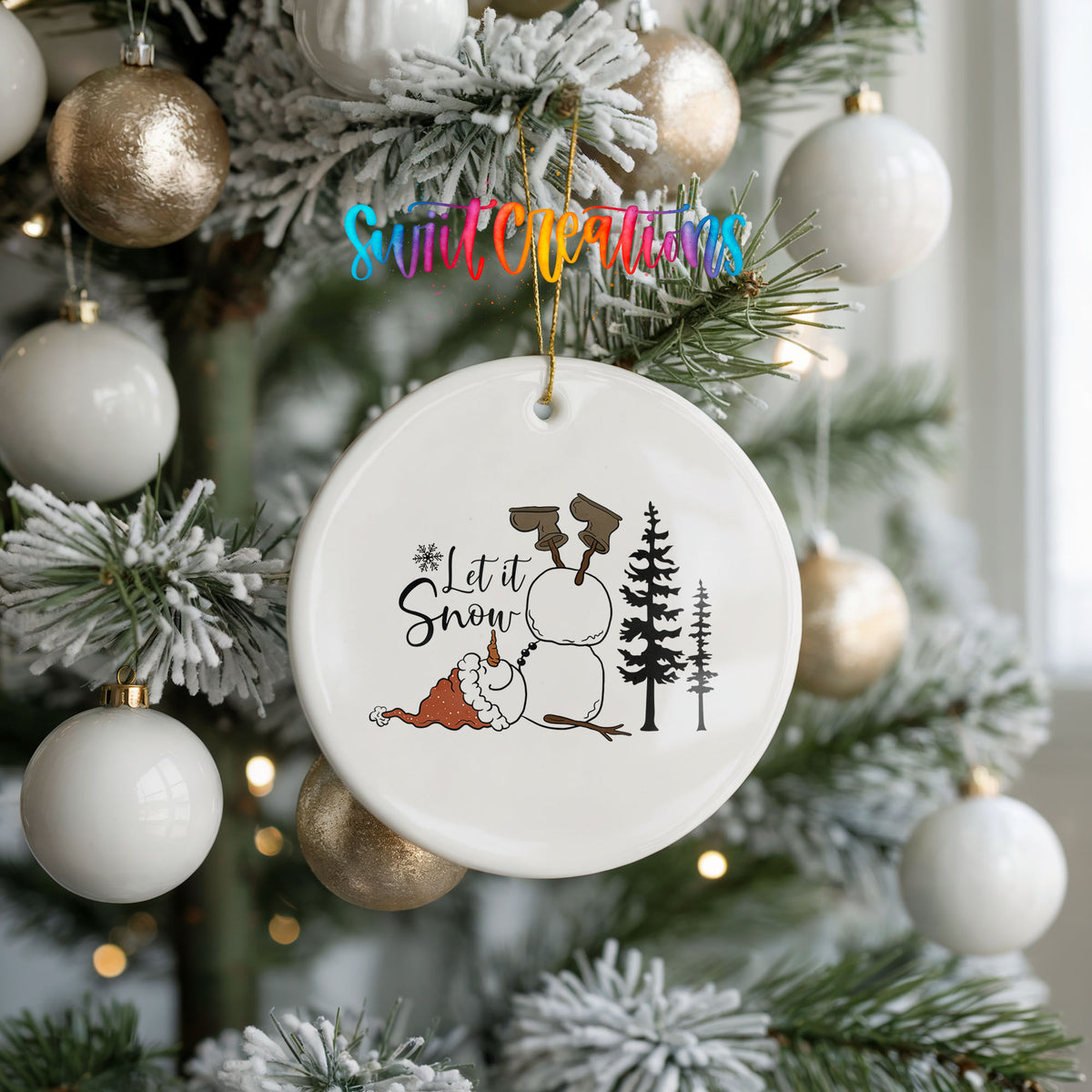 Let It Snow snowman winter forest ceramic Christmas ornament hanging on a frosted holiday tree