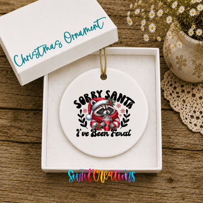 Sorry Santa I've Been Feral funny raccoon ceramic Christmas ornament displayed in the included gift box