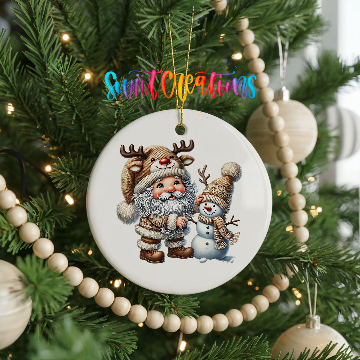Whimsical Santa reindeer and snowman ceramic Christmas ornament hanging on a decorated Christmas tree