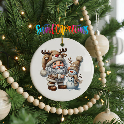 Whimsical Santa reindeer and snowman ceramic Christmas ornament hanging on a decorated Christmas tree