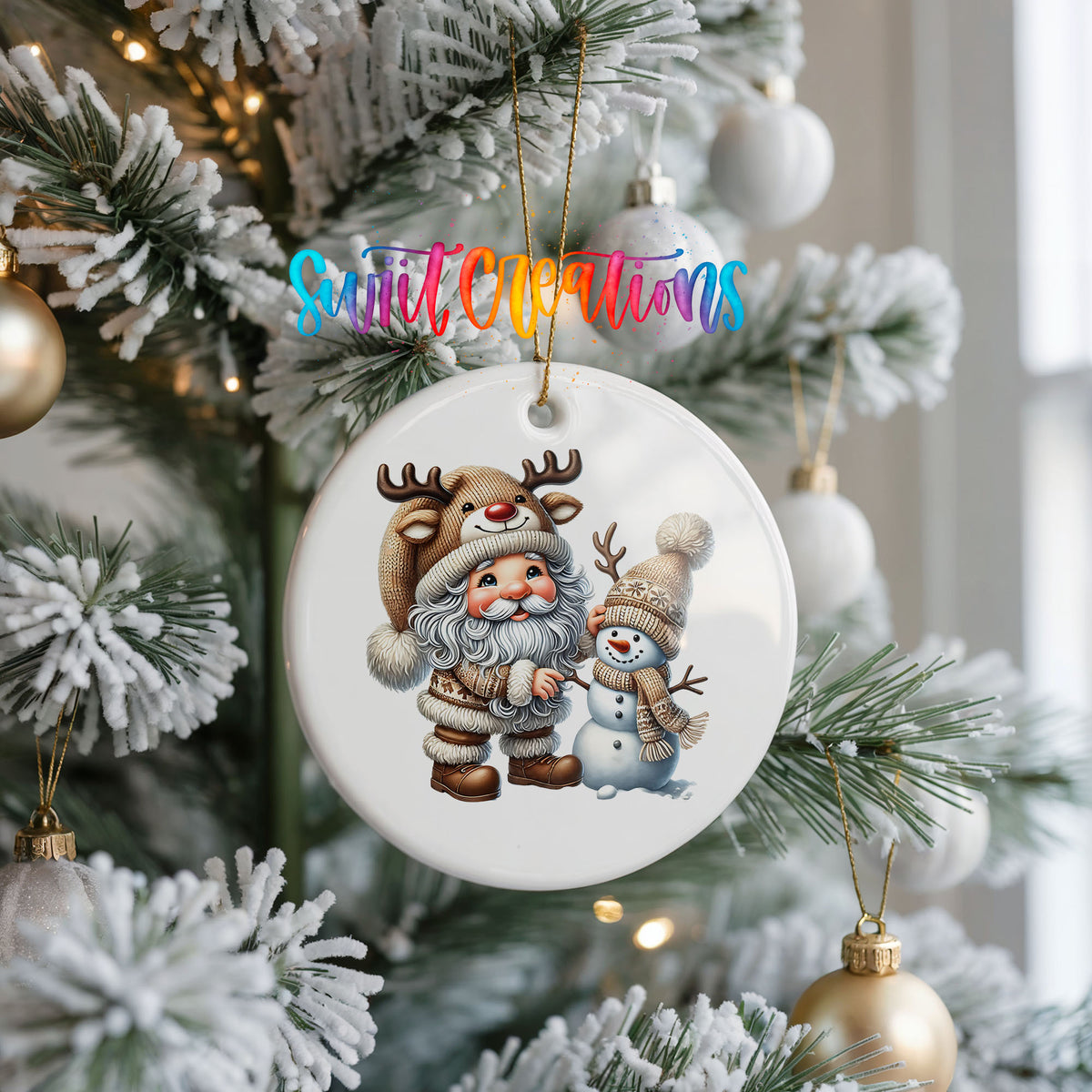 Whimsical Santa reindeer and snowman ceramic Christmas ornament hanging on a frosted Christmas tree