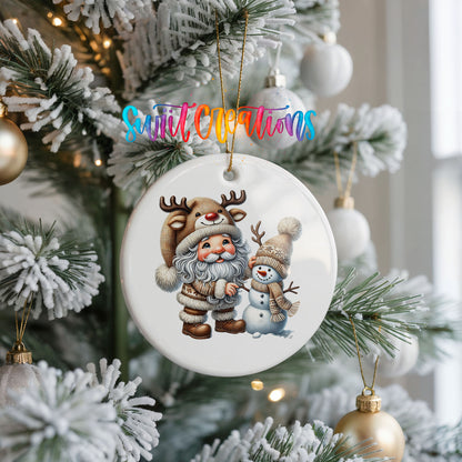 Whimsical Santa reindeer and snowman ceramic Christmas ornament hanging on a frosted Christmas tree
