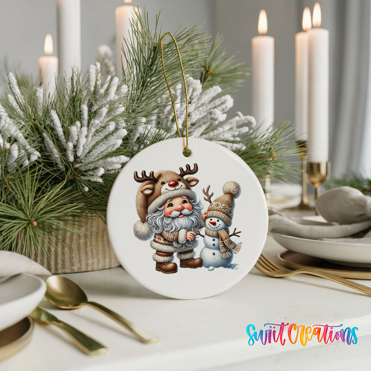 Whimsical Santa reindeer and snowman ceramic Christmas ornament displayed with elegant holiday table decor