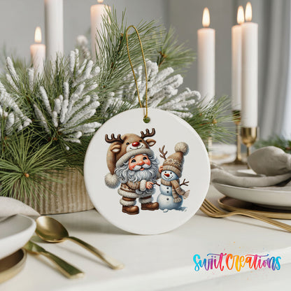 Whimsical Santa reindeer and snowman ceramic Christmas ornament displayed with elegant holiday table decor