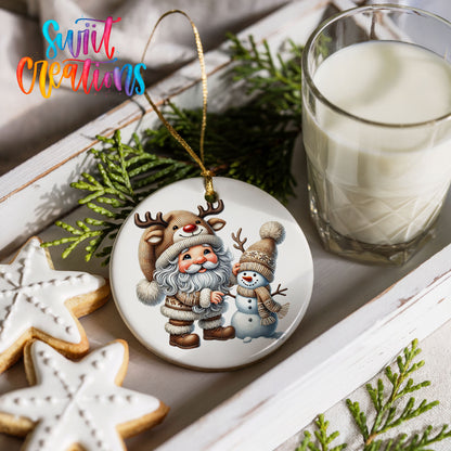 Whimsical Santa reindeer and snowman ceramic Christmas ornament styled with cookies and milk