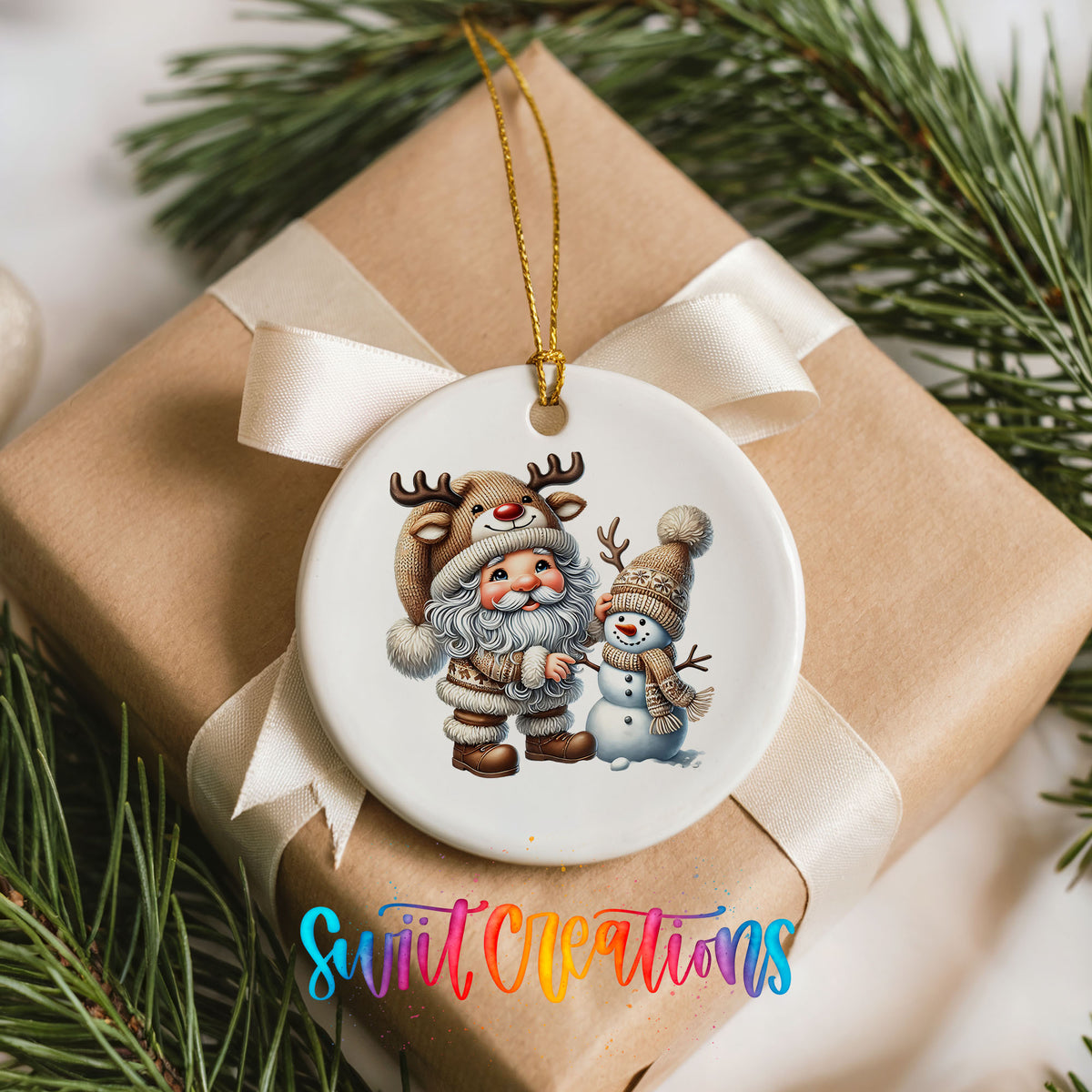Whimsical Santa reindeer and snowman ceramic Christmas ornament arranged on a wrapped Christmas gift
