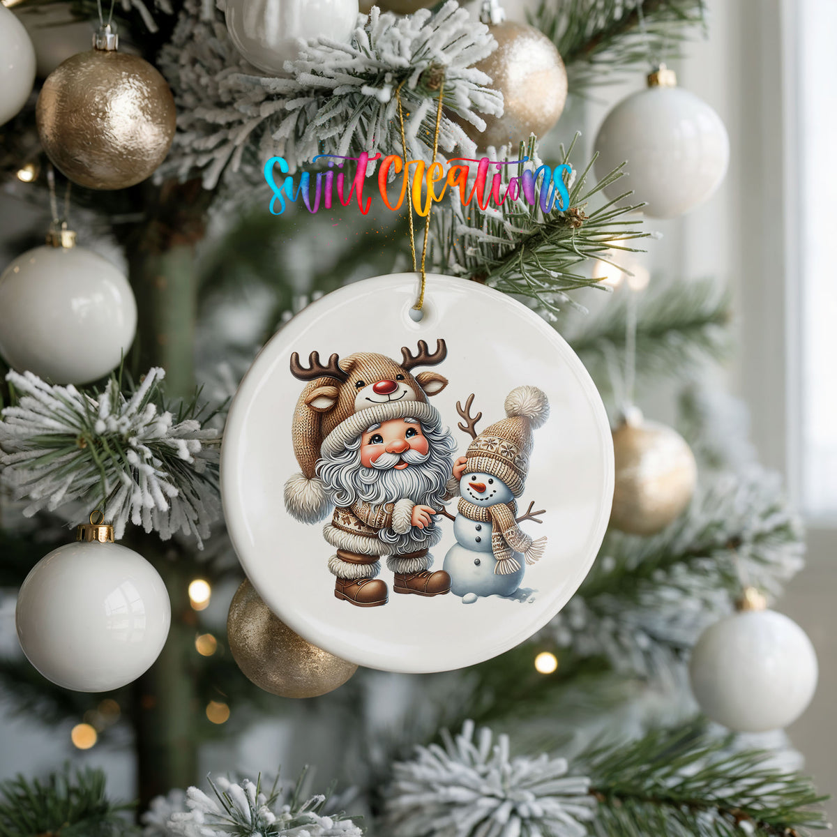 Whimsical Santa reindeer and snowman ceramic Christmas ornament hanging on a frosted holiday tree
