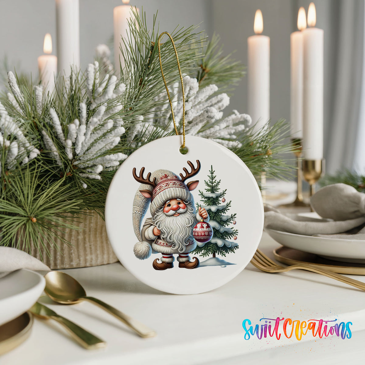 Cozy Santa with reindeer hat and Christmas tree ceramic ornament displayed with elegant holiday table decor