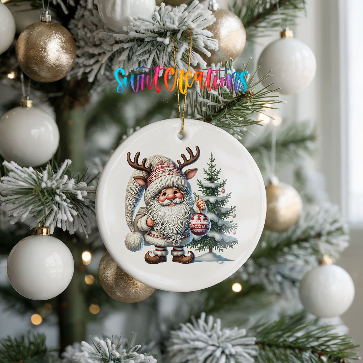 Cozy Santa with reindeer hat and Christmas tree ceramic ornament hanging on a frosted holiday tree
