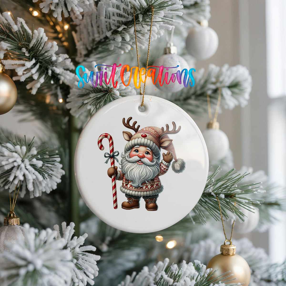 Whimsical Santa with candy cane ceramic Christmas ornament hanging on a frosted Christmas tree