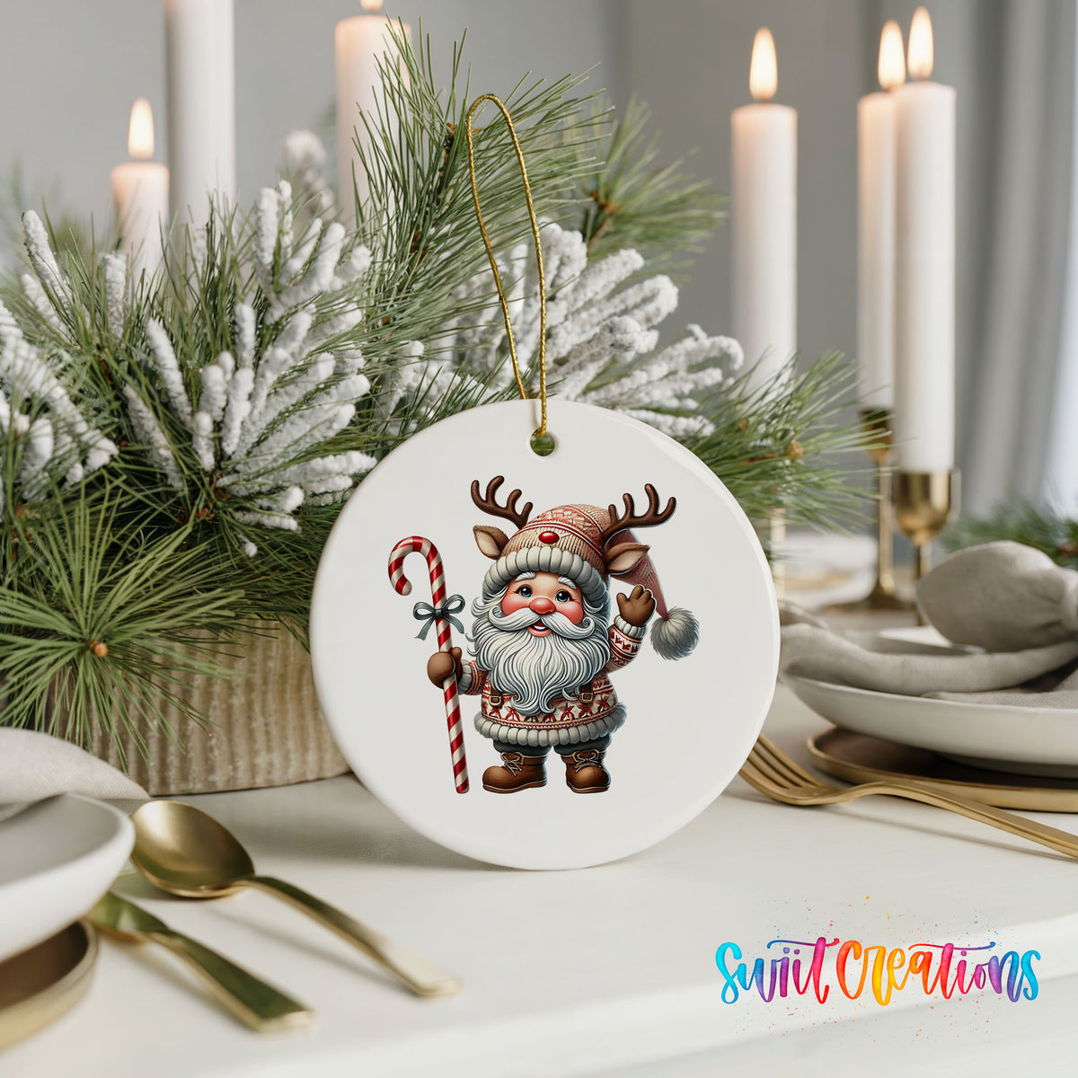 Whimsical Santa with candy cane ceramic Christmas ornament displayed with elegant holiday table decor
