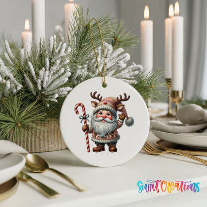 Whimsical Santa with candy cane ceramic Christmas ornament displayed with elegant holiday table decor