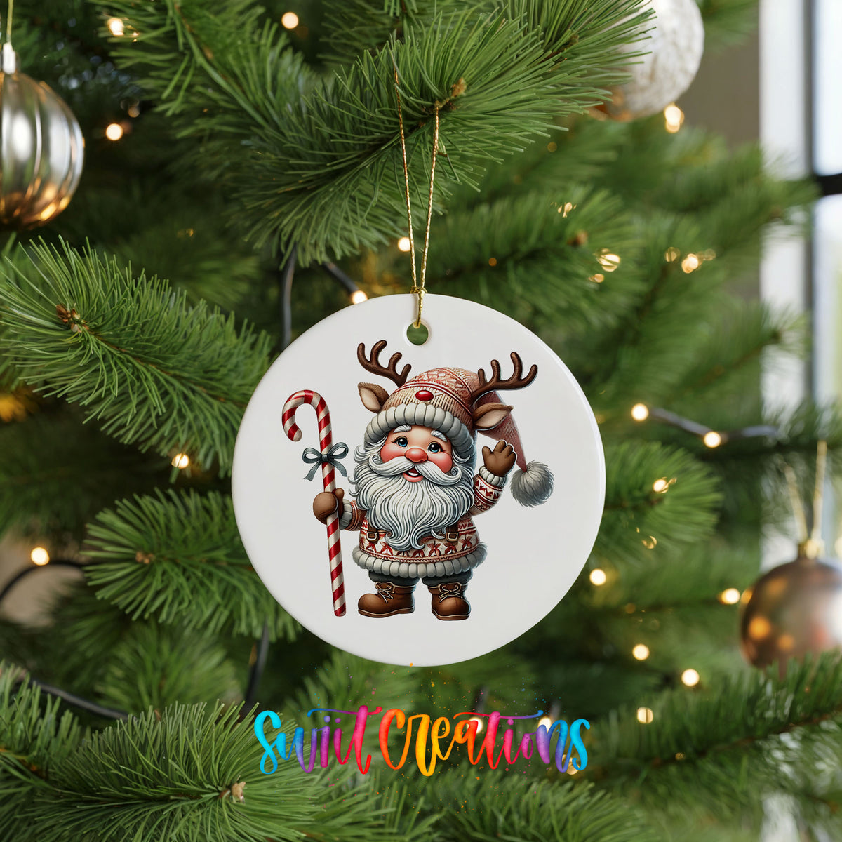 Whimsical Santa with candy cane ceramic Christmas ornament hanging on a green Christmas tree