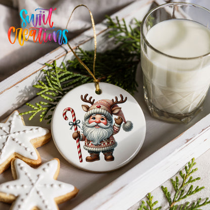 Whimsical Santa with candy cane ceramic Christmas ornament styled with cookies and milk