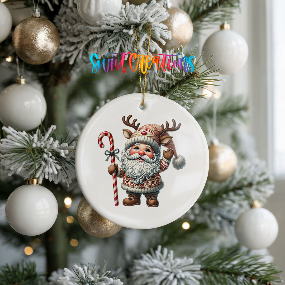 Whimsical Santa with candy cane ceramic Christmas ornament hanging on a frosted holiday tree