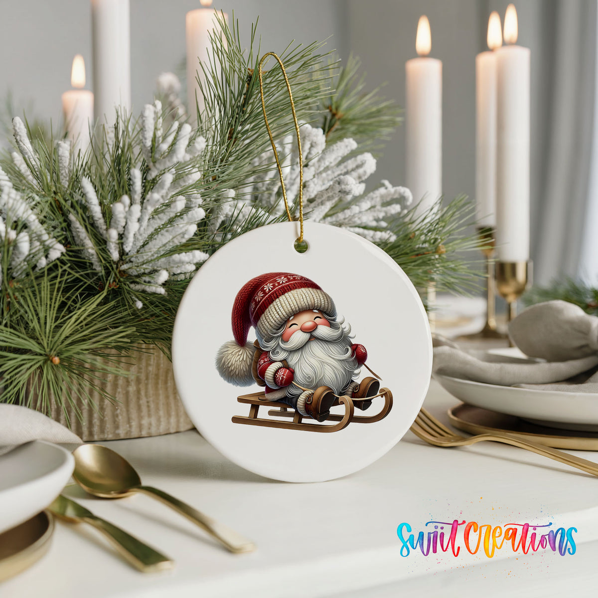 Sleeping Santa on a sled ceramic Christmas ornament displayed with elegant holiday table decor
